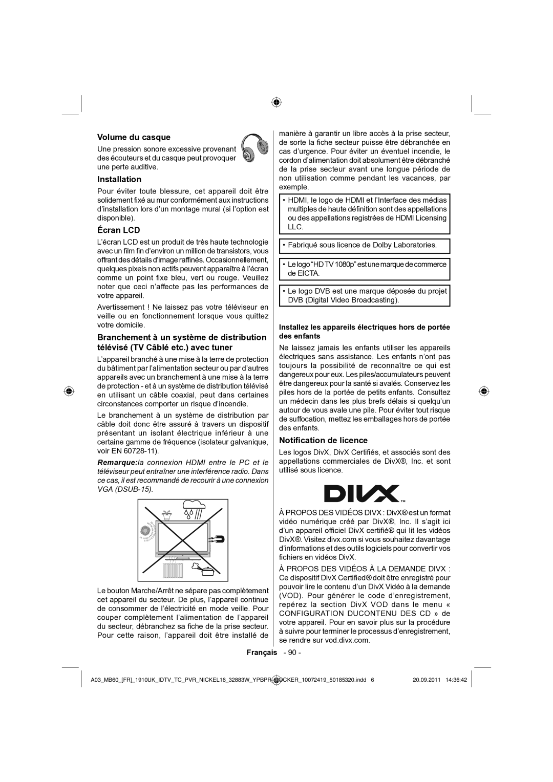 Sharp LC-32SH130E operation manual Volume du casque, Écran LCD, Notiﬁcation de licence 