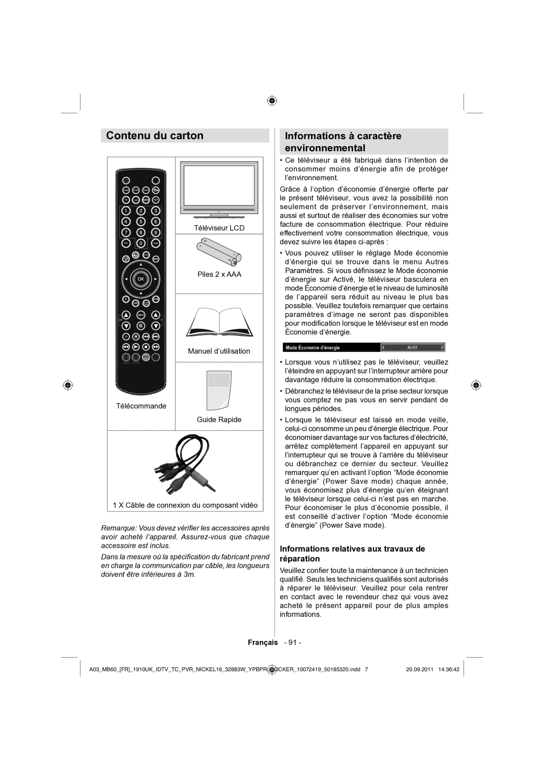 Sharp LC-32SH130E Contenu du carton, Informations à caractère Environnemental, Câble de connexion du composant vidéo 