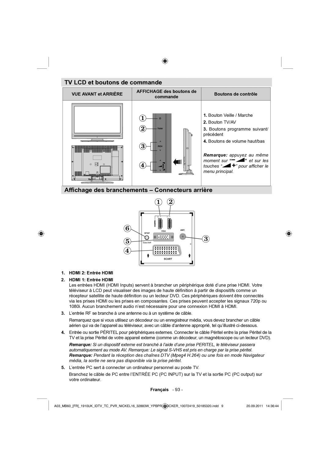 Sharp LC-32SH130E operation manual TV LCD et boutons de commande, Afﬁchage des branchements Connecteurs arrière 