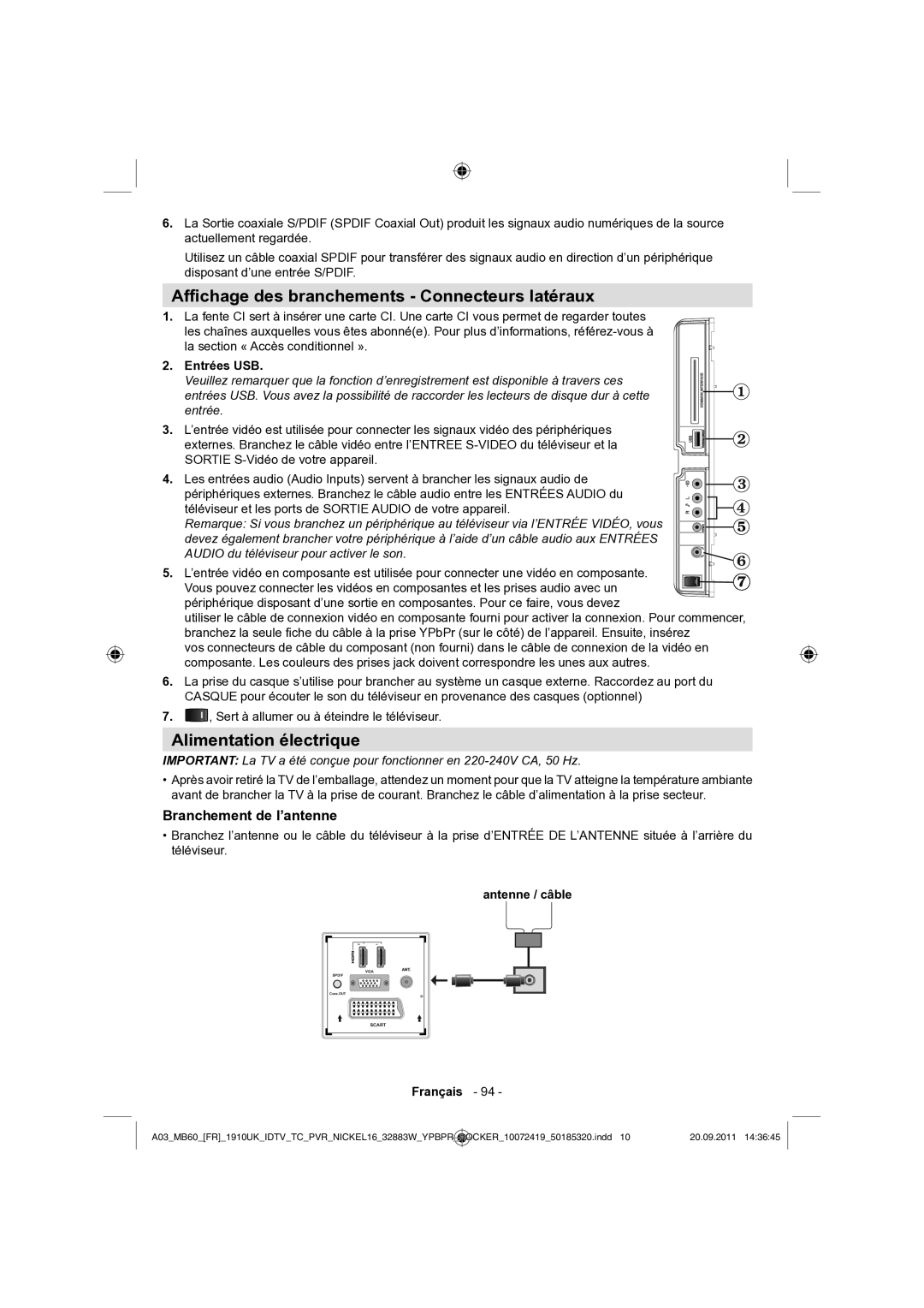 Sharp LC-32SH130E Afﬁchage des branchements Connecteurs latéraux, Alimentation électrique, Branchement de l’antenne 