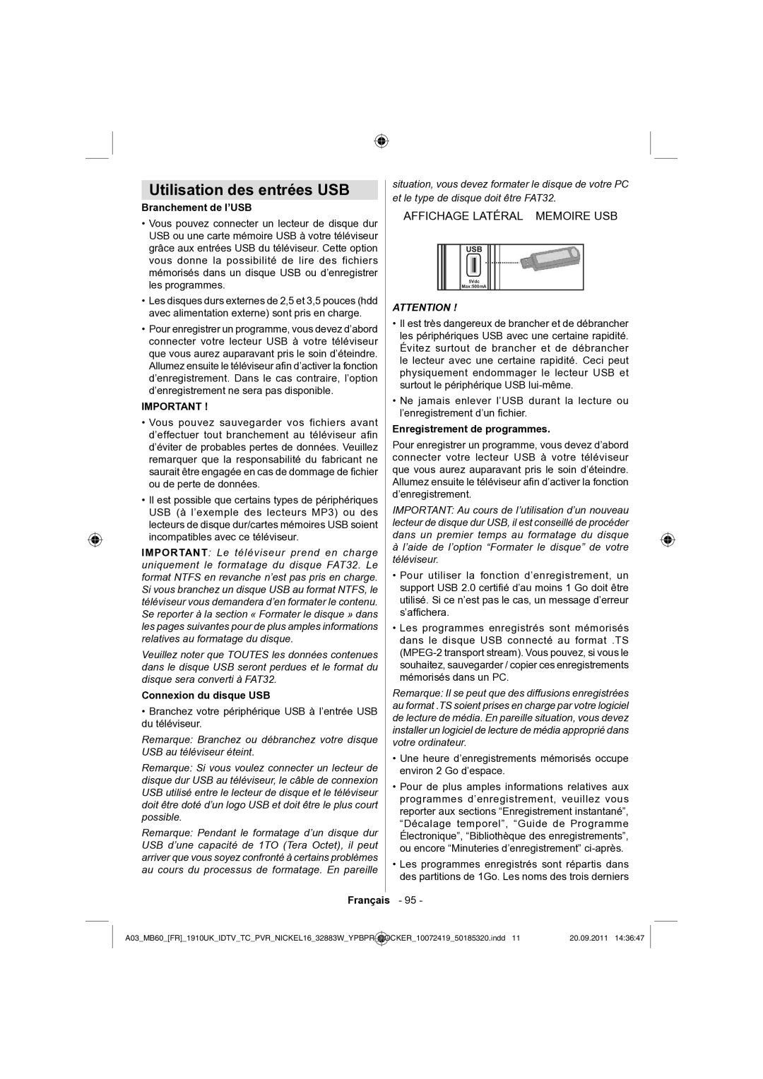 Sharp LC-32SH130E Utilisation des entrées USB, Branchement de l’USB, Connexion du disque USB, Enregistrement de programmes 