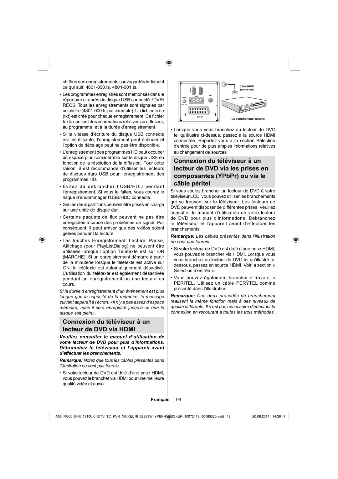 Sharp LC-32SH130E operation manual Connexion du téléviseur à un Lecteur de DVD via Hdmi 