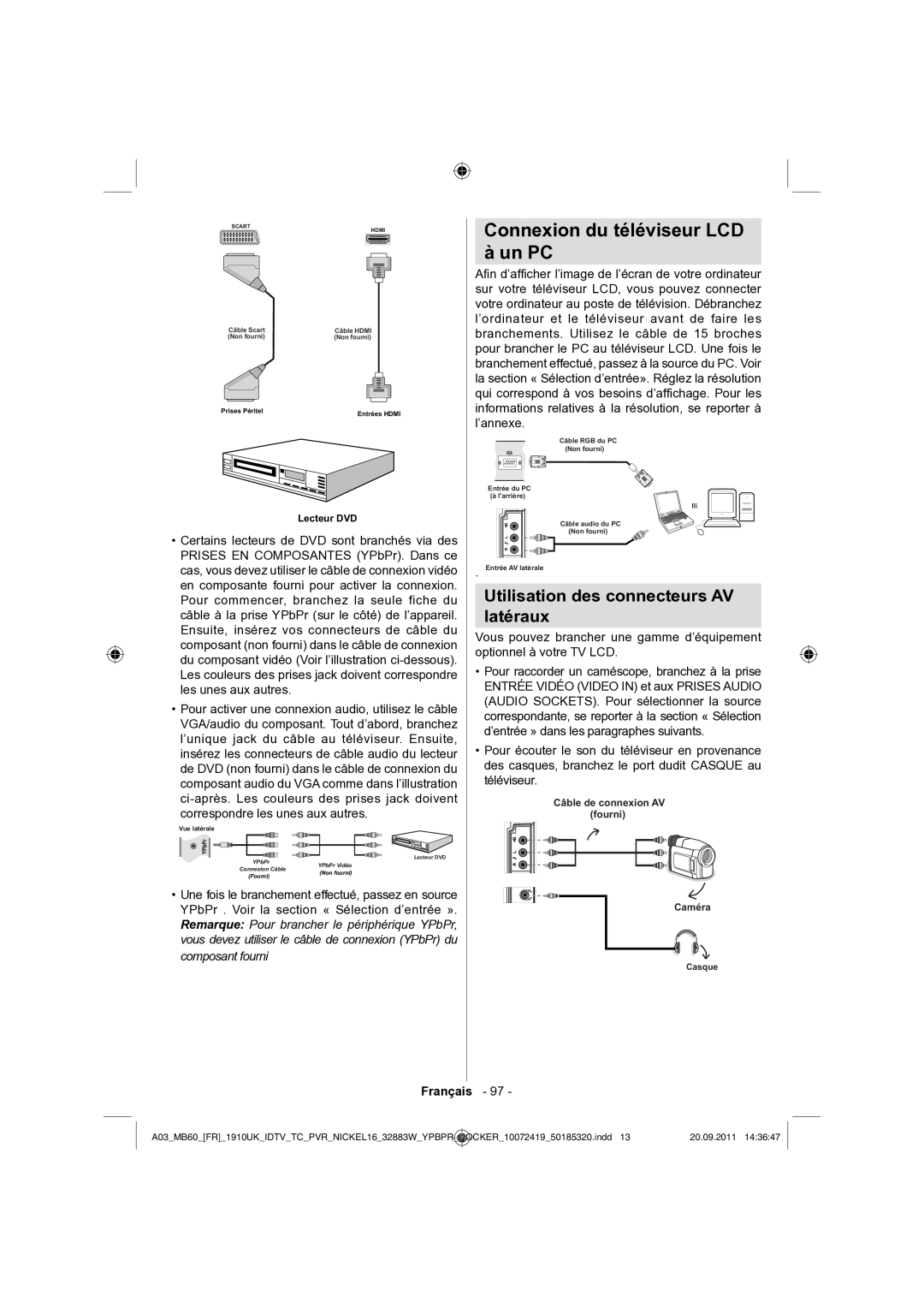 Sharp LC-32SH130E operation manual Connexion du téléviseur LCD Un PC, Utilisation des connecteurs AV Latéraux 