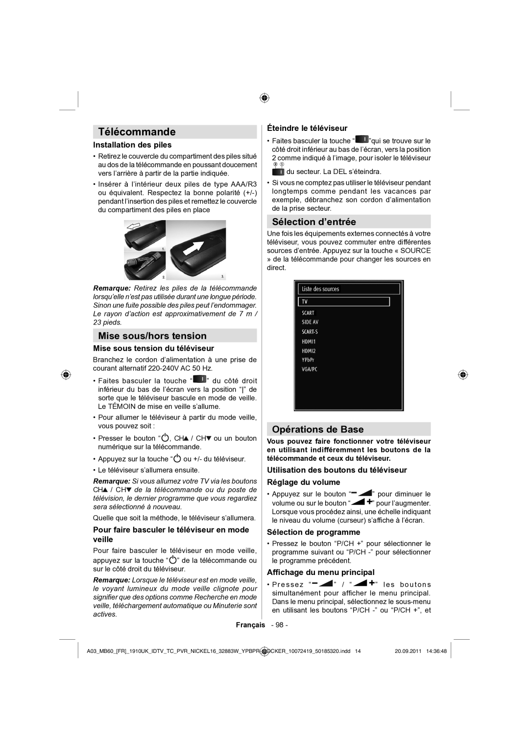 Sharp LC-32SH130E operation manual Télécommande, Mise sous/hors tension, Sélection d’entrée, Opérations de Base 