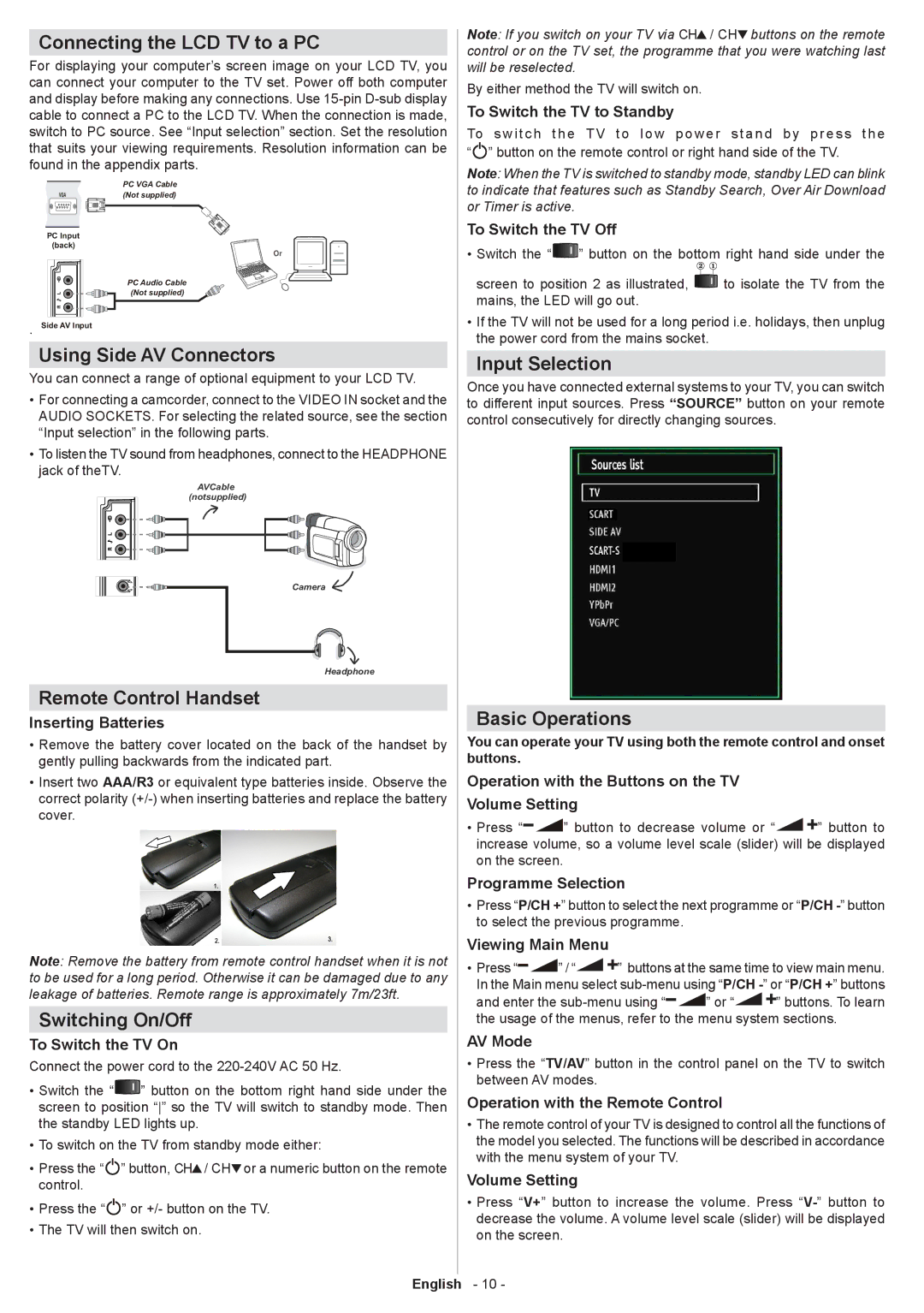 Sharp LC-32SH130K Connecting the LCD TV to a PC, Using Side AV Connectors, Remote Control Handset, Switching On/Off 