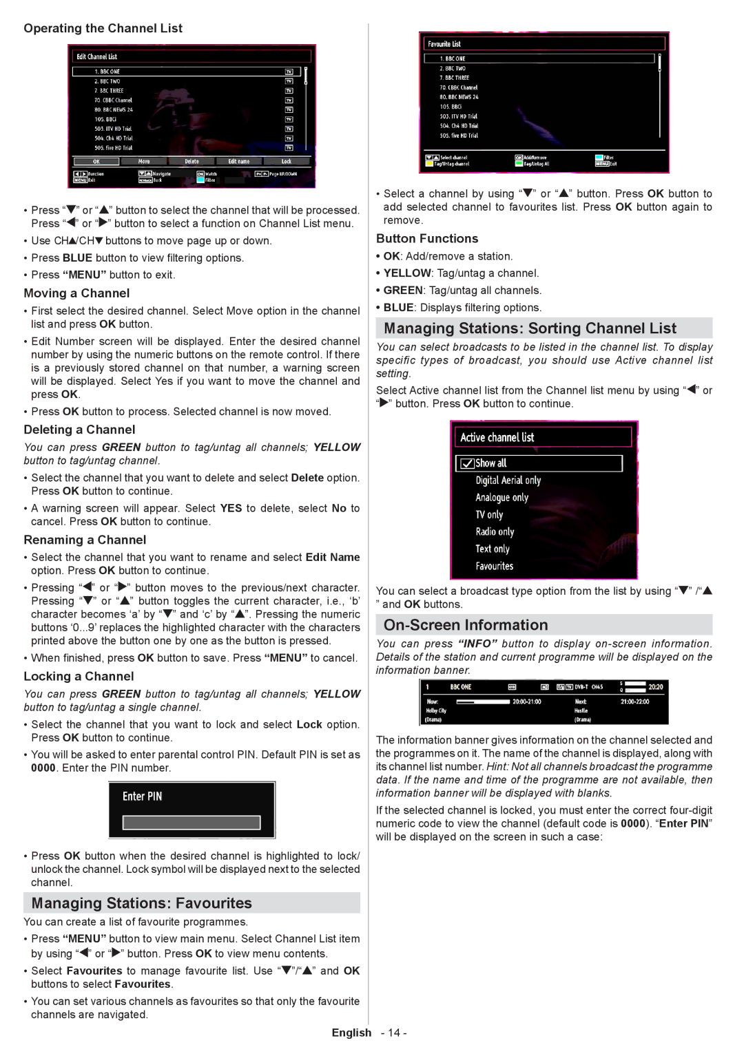 Sharp LC-32SH130K Managing Stations Favourites, Managing Stations Sorting Channel List, On-Screen Information 