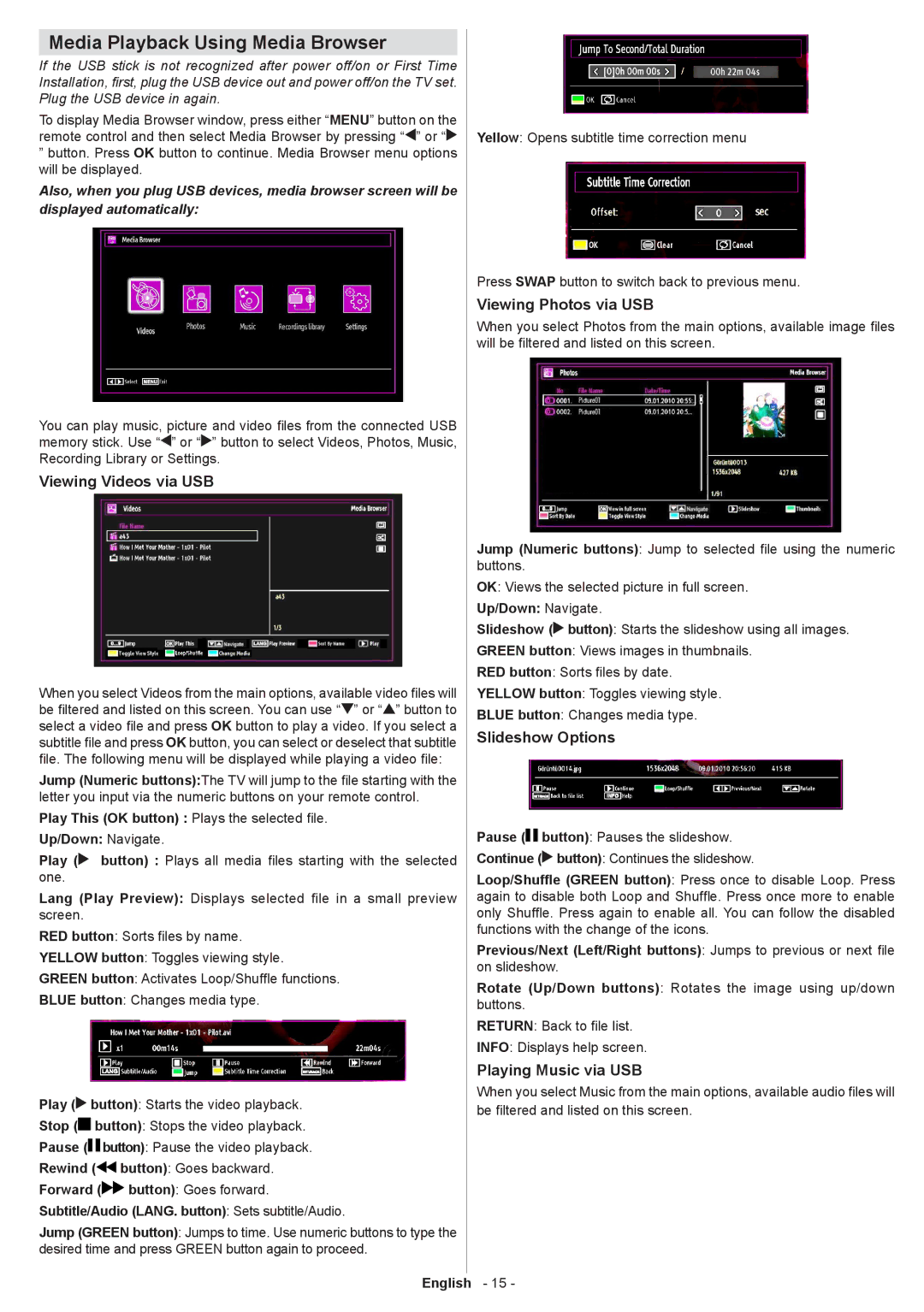 Sharp LC-32SH130K Media Playback Using Media Browser, Viewing Videos via USB, Viewing Photos via USB, Slideshow Options 