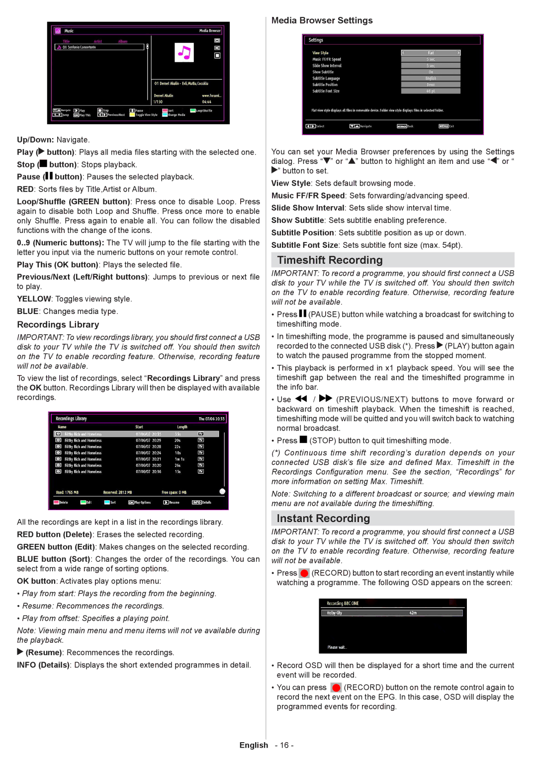 Sharp LC-32SH130K operation manual Timeshift Recording, Instant Recording, Recordings Library, Media Browser Settings 