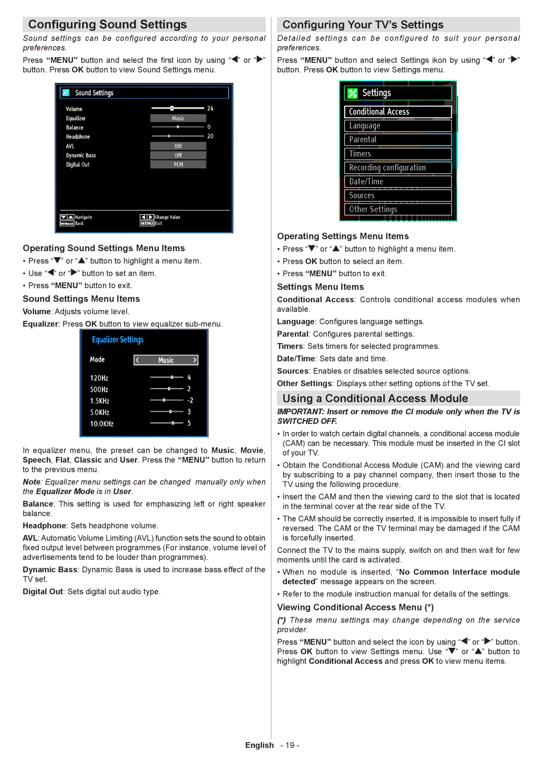 Sharp LC-32SH130K Configuring Sound Settings, Configuring Your TV’s Settings, Using a Conditional Access Module 