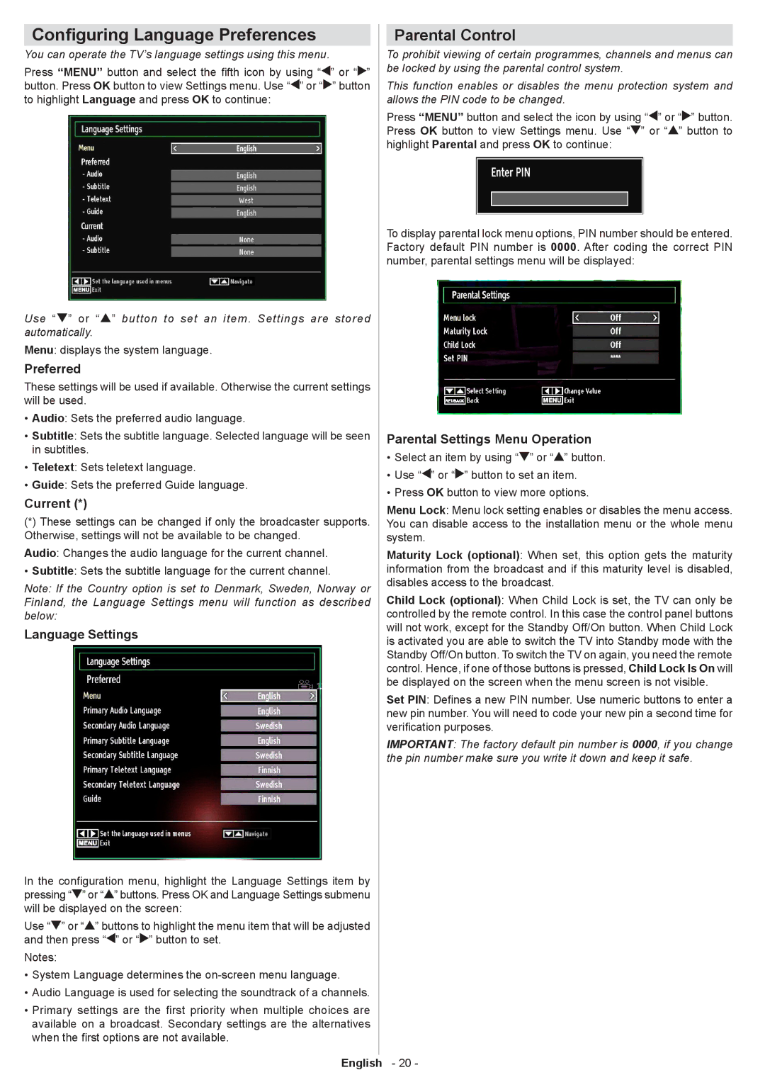 Sharp LC-32SH130K operation manual Configuring Language Preferences, Parental Control 