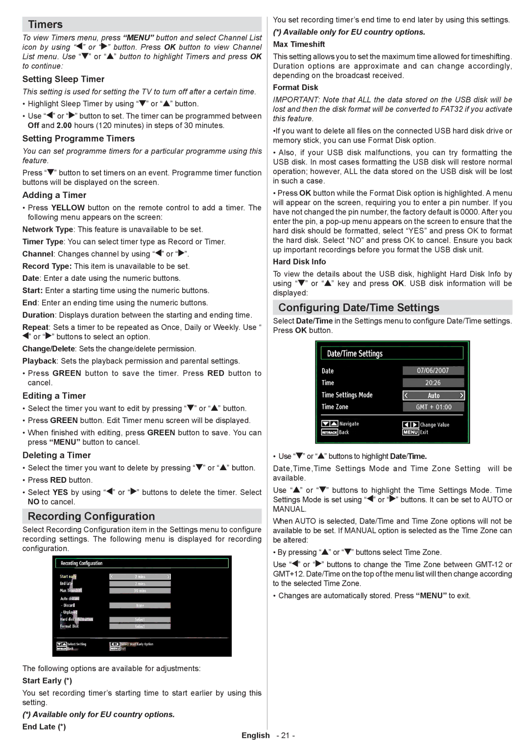 Sharp LC-32SH130K operation manual Timers, Recording Configuration, Configuring Date/Time Settings 