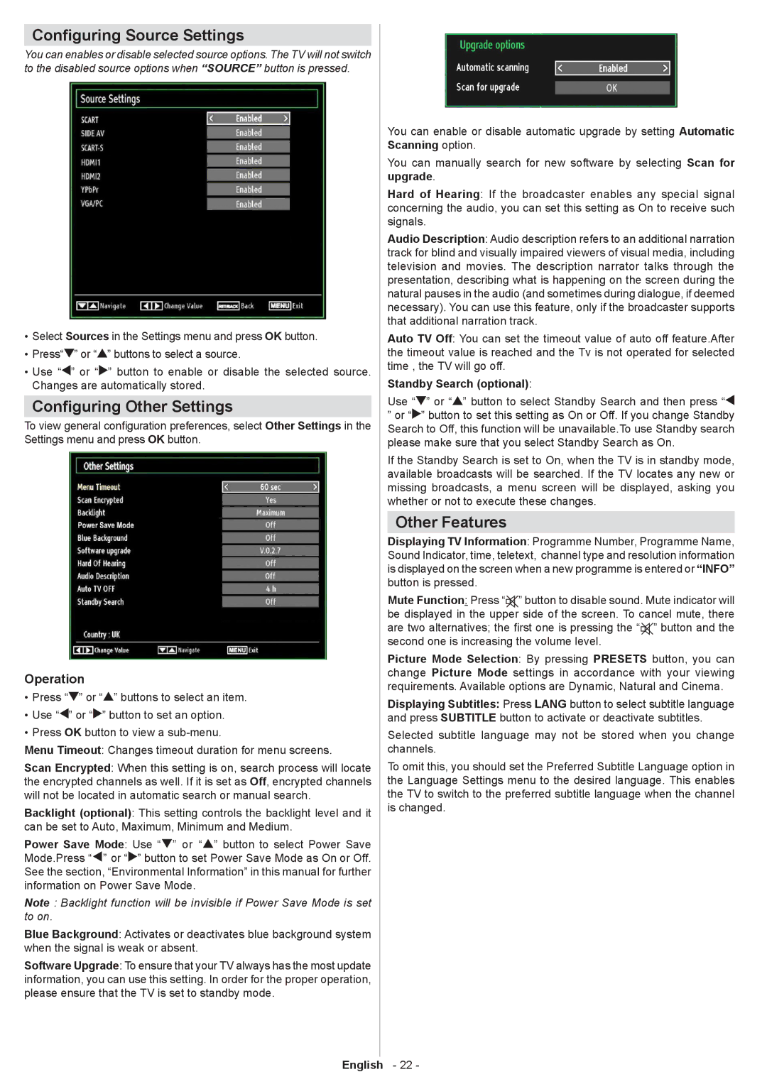 Sharp LC-32SH130K operation manual Configuring Source Settings, Configuring Other Settings, Other Features, Operation 