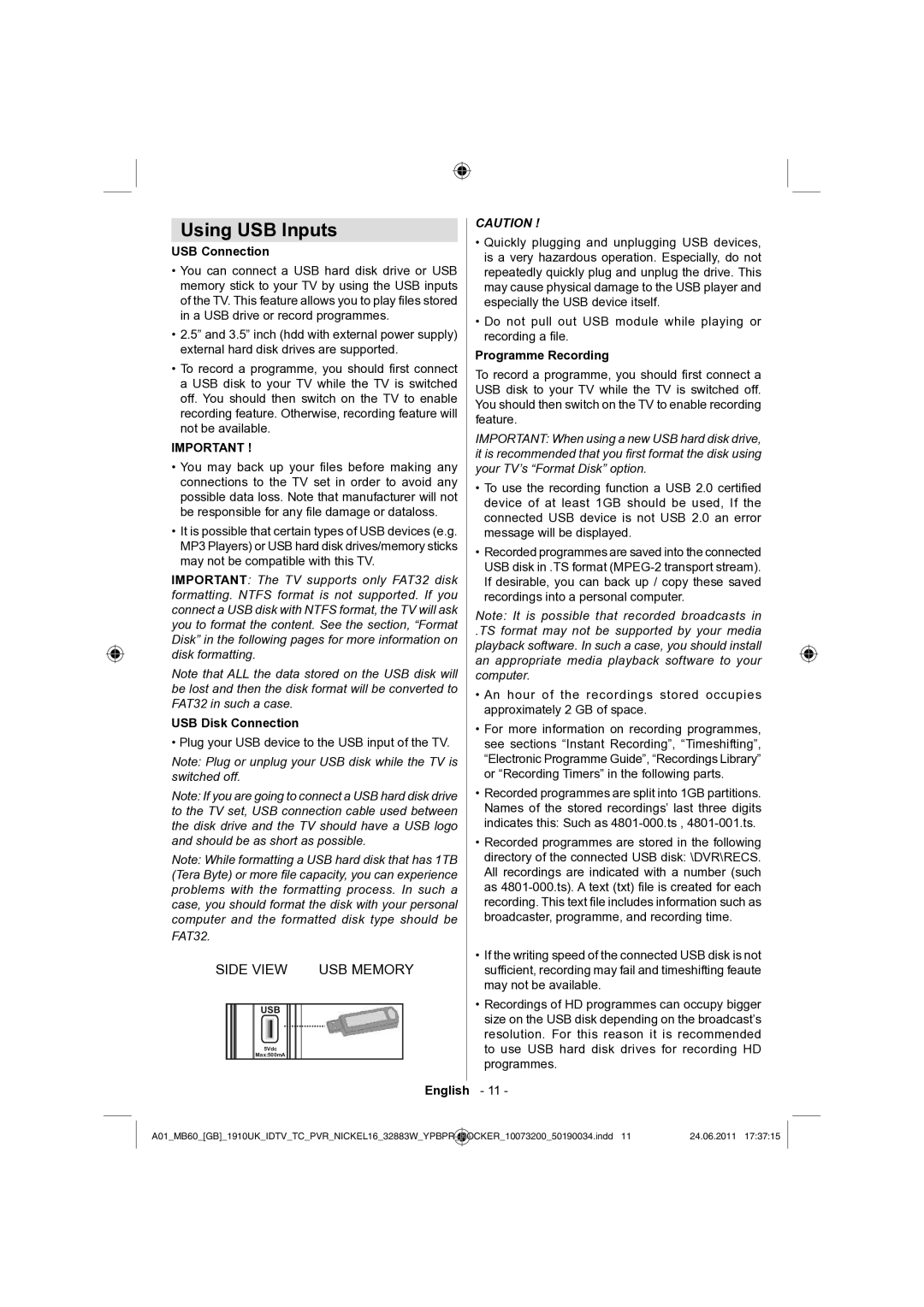 Sharp LC-32SH340E operation manual Using USB Inputs, USB Connection, USB Disk Connection, Programme Recording 