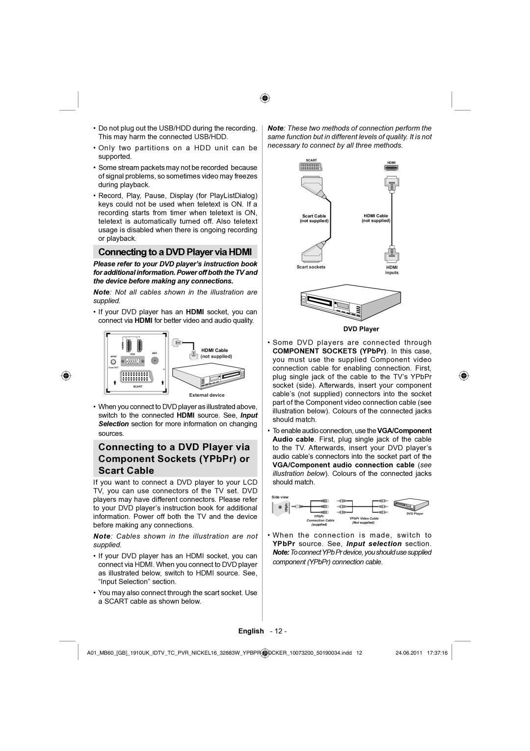 Sharp LC-32SH340E operation manual Connecting to a DVD Player via Hdmi, Component Sockets YPbPr. In this case 