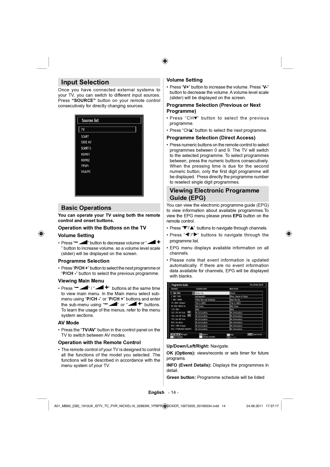 Sharp LC-32SH340E operation manual Input Selection, Basic Operations, Viewing Electronic Programme Guide EPG 