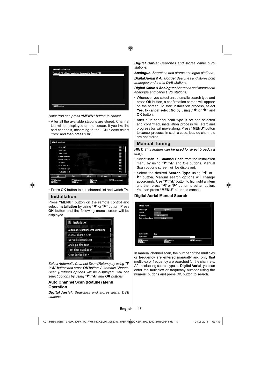 Sharp LC-32SH340E Installation, Manual Tuning, Auto Channel Scan Retune Menu Operation, Digital Aerial Manual Search 