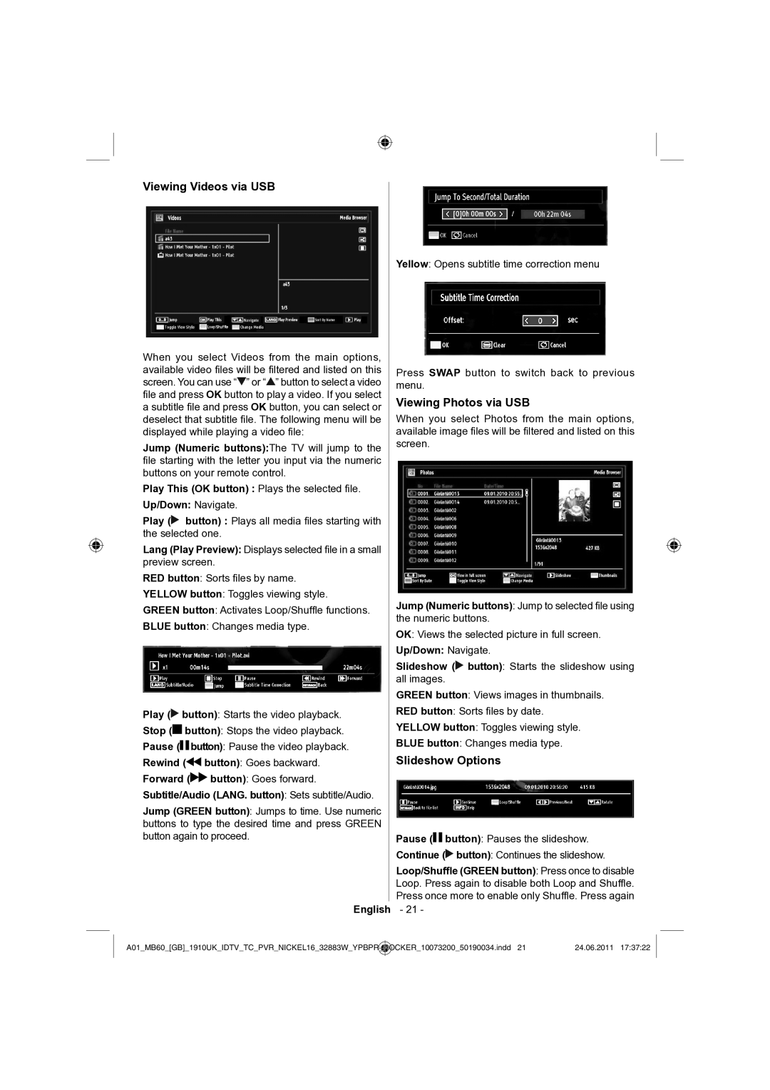 Sharp LC-32SH340E operation manual Viewing Videos via USB, Viewing Photos via USB, Slideshow Options 