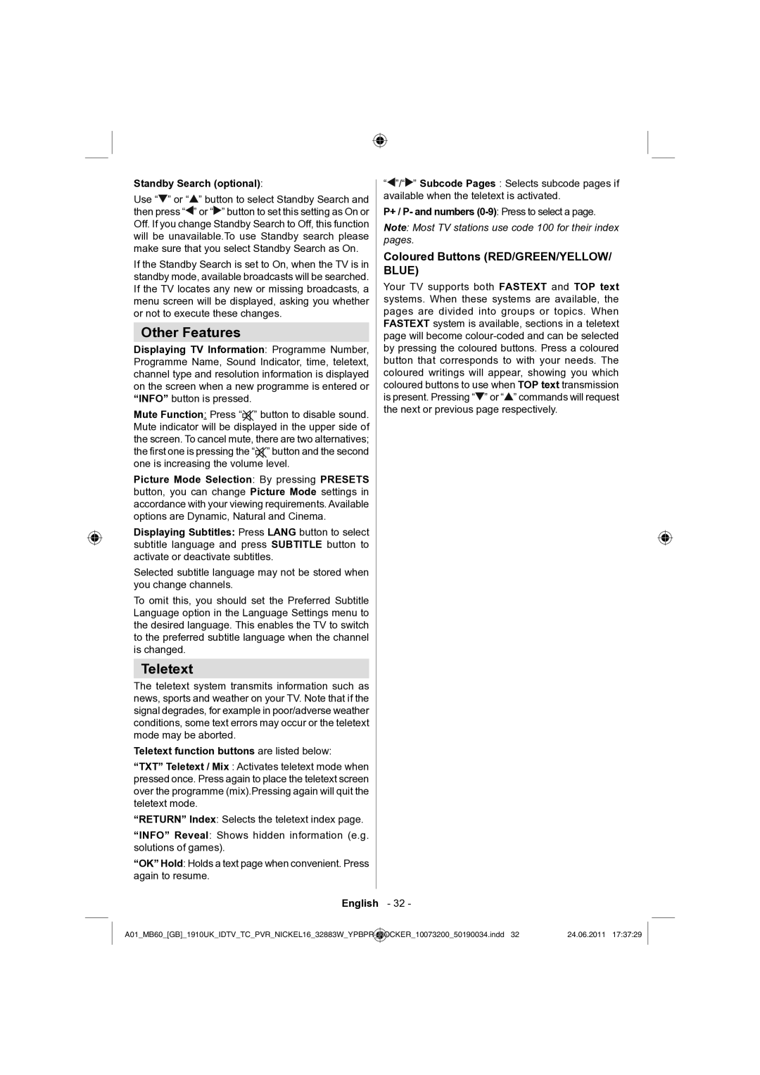 Sharp LC-32SH340E operation manual Other Features, Teletext, Coloured Buttons RED/GREEN/YELLOW/ Blue 