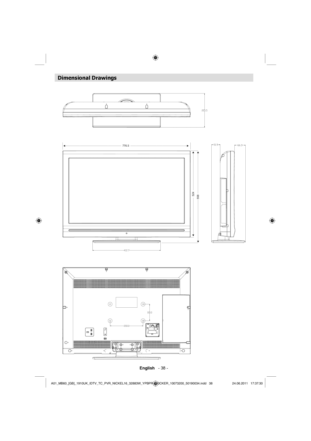 Sharp LC-32SH340E operation manual Dimensional Drawings 