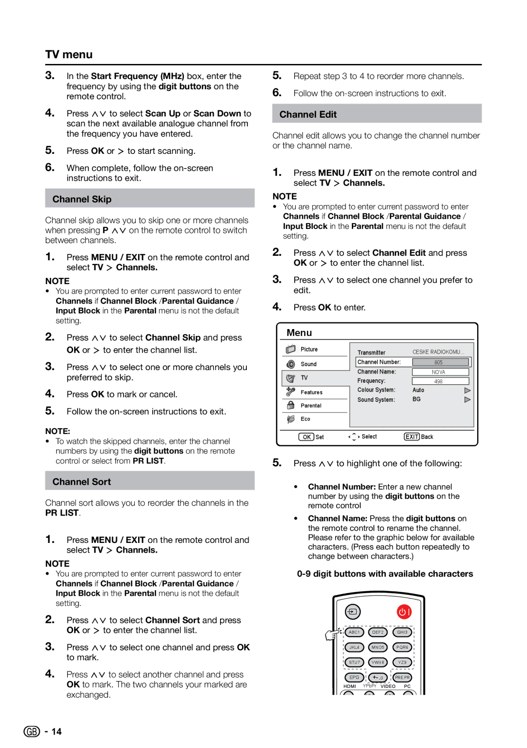 Sharp LC-19SH7E, LC-32SH7E, LC-42SH7E, LC-26SH7E operation manual Channel Edit, Channel Skip, Channel Sort 