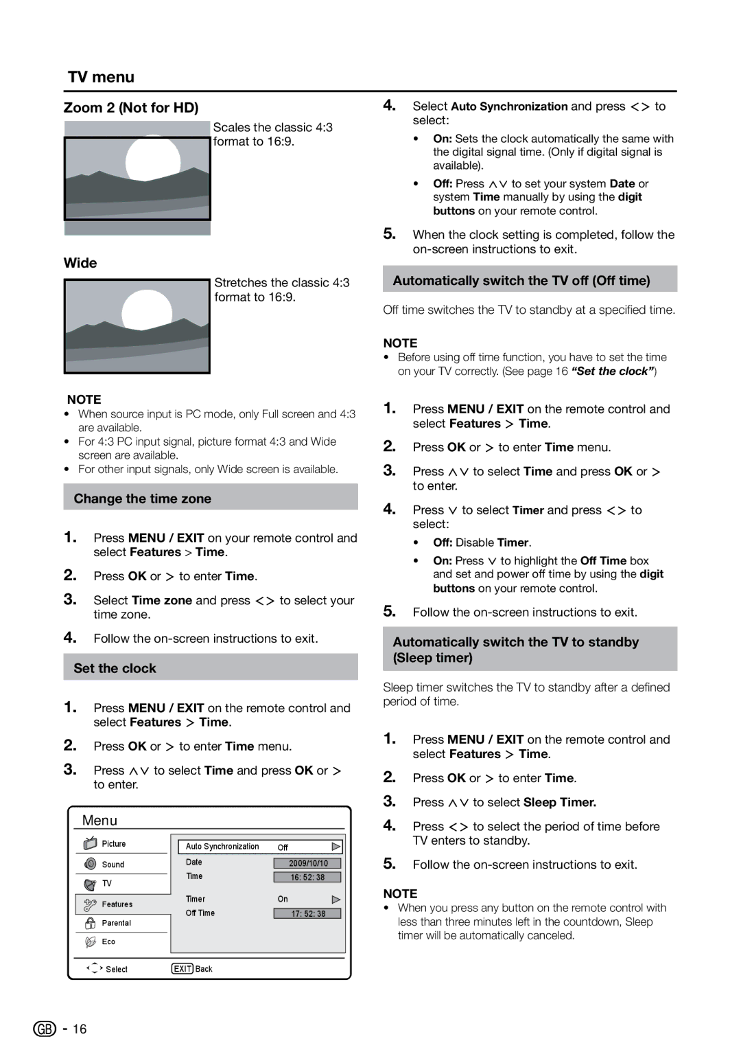 Sharp LC-42SH7E Automatically switch the TV off Off time, Change the time zone, Set the clock, Off Disable Timer 