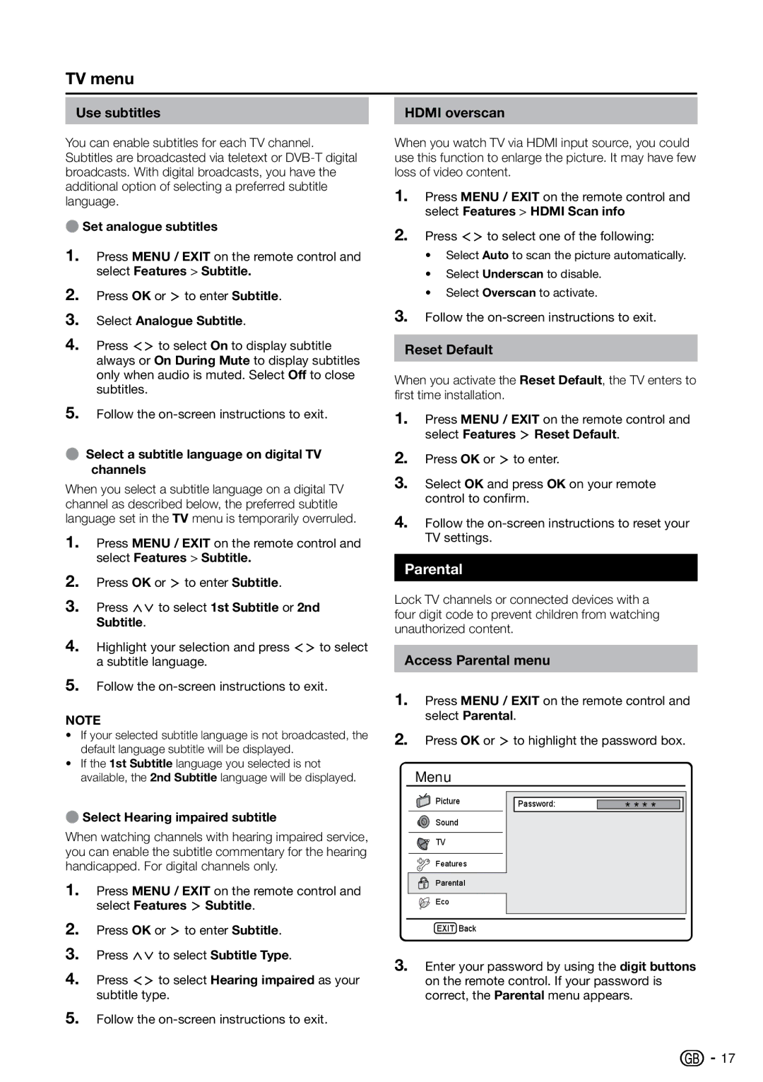 Sharp LC-26SH7E, LC-32SH7E, LC-42SH7E, LC-19SH7E operation manual Use subtitles, Reset Default, Access Parental menu 