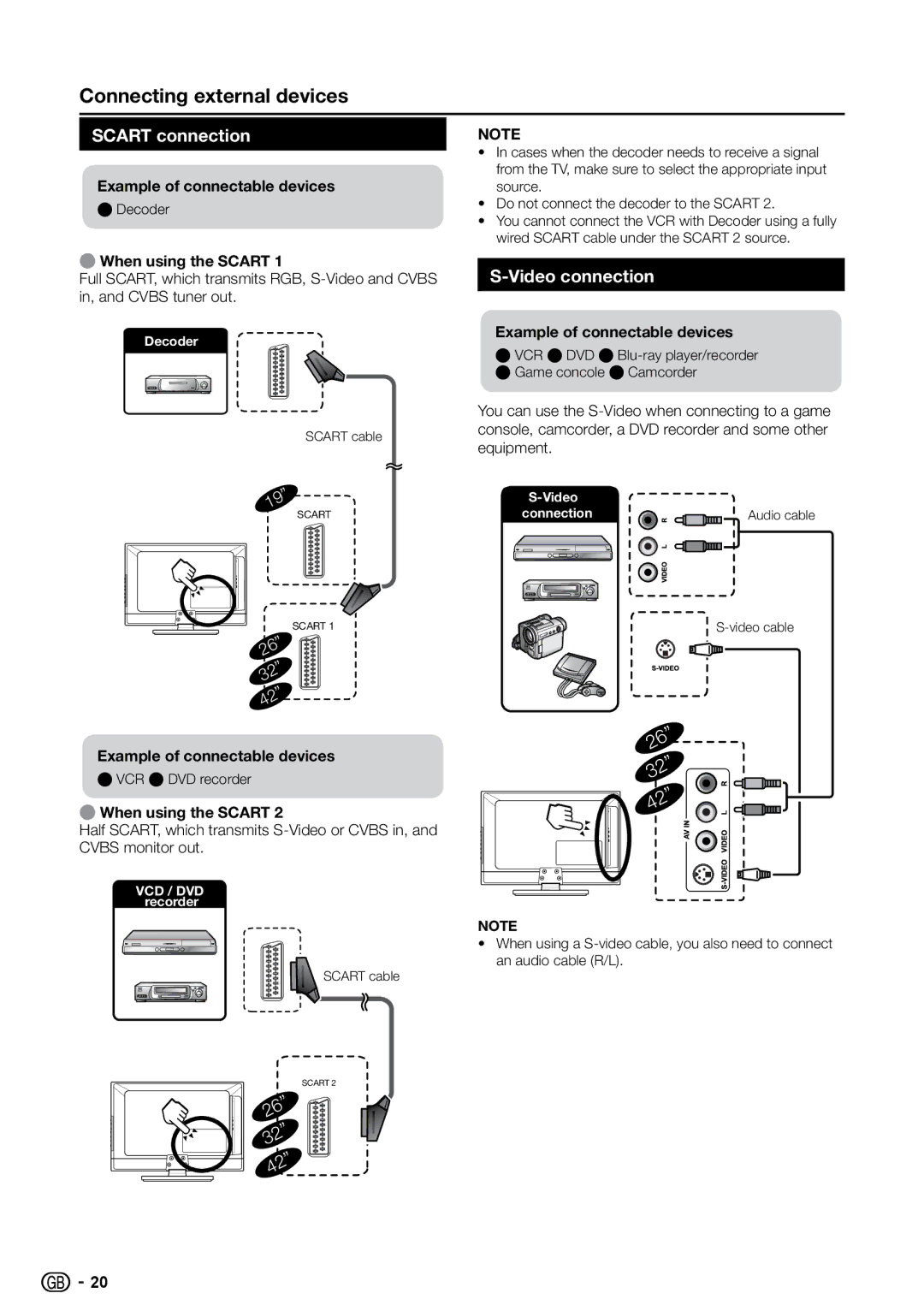 Sharp LC-42SH7E, LC-32SH7E, LC-26SH7E, LC-19SH7E operation manual Scart connection, Video connection, EWhen using the Scart 