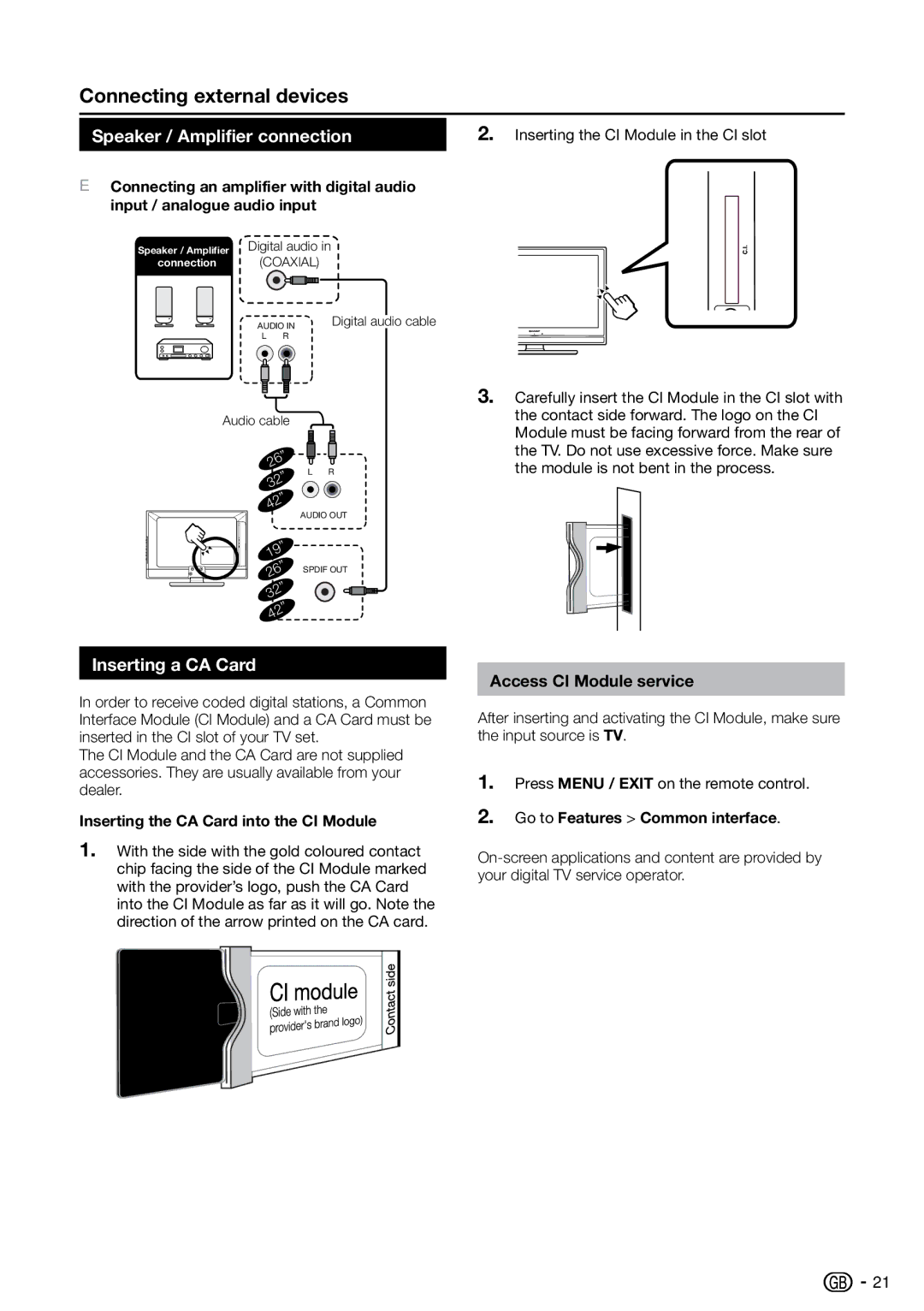 Sharp LC-26SH7E, LC-32SH7E, LC-42SH7E Speaker / Amplifier connection, Inserting a CA Card, Access CI Module service 