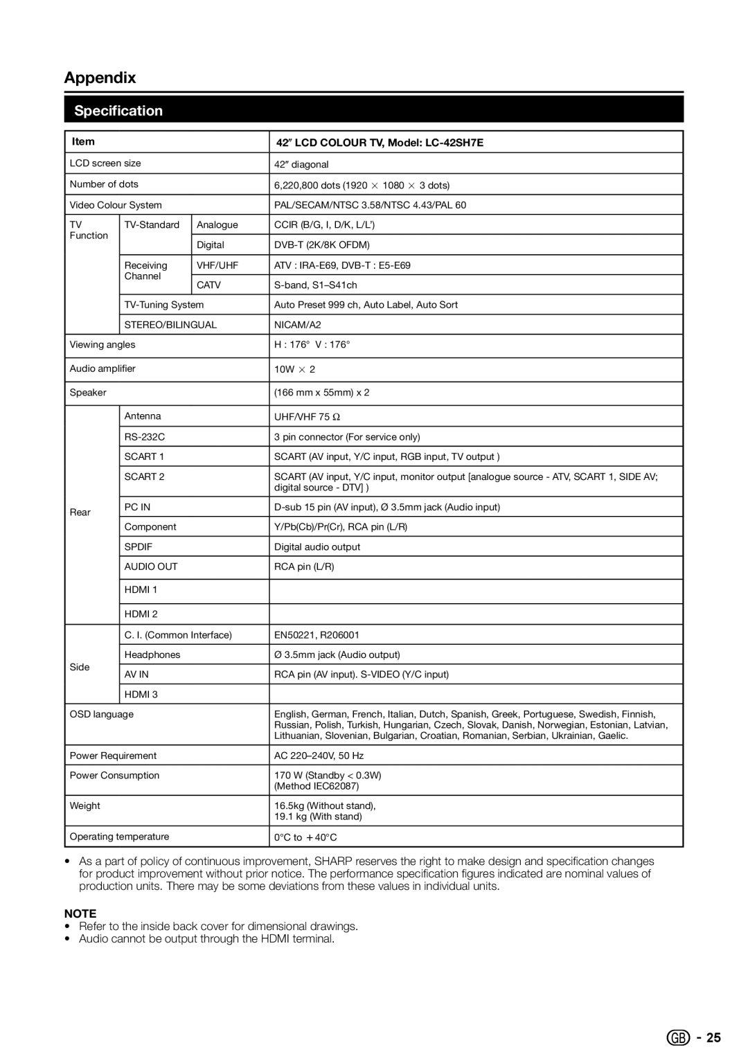 Sharp LC-26SH7E, LC-32SH7E, LC-19SH7E operation manual 42o LCD Colour TV, Model LC-42SH7E 