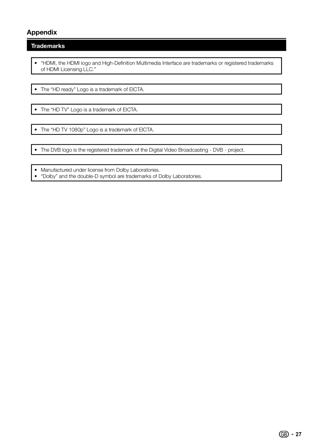 Sharp LC-32SH7E, LC-42SH7E, LC-26SH7E, LC-19SH7E operation manual Trademarks 