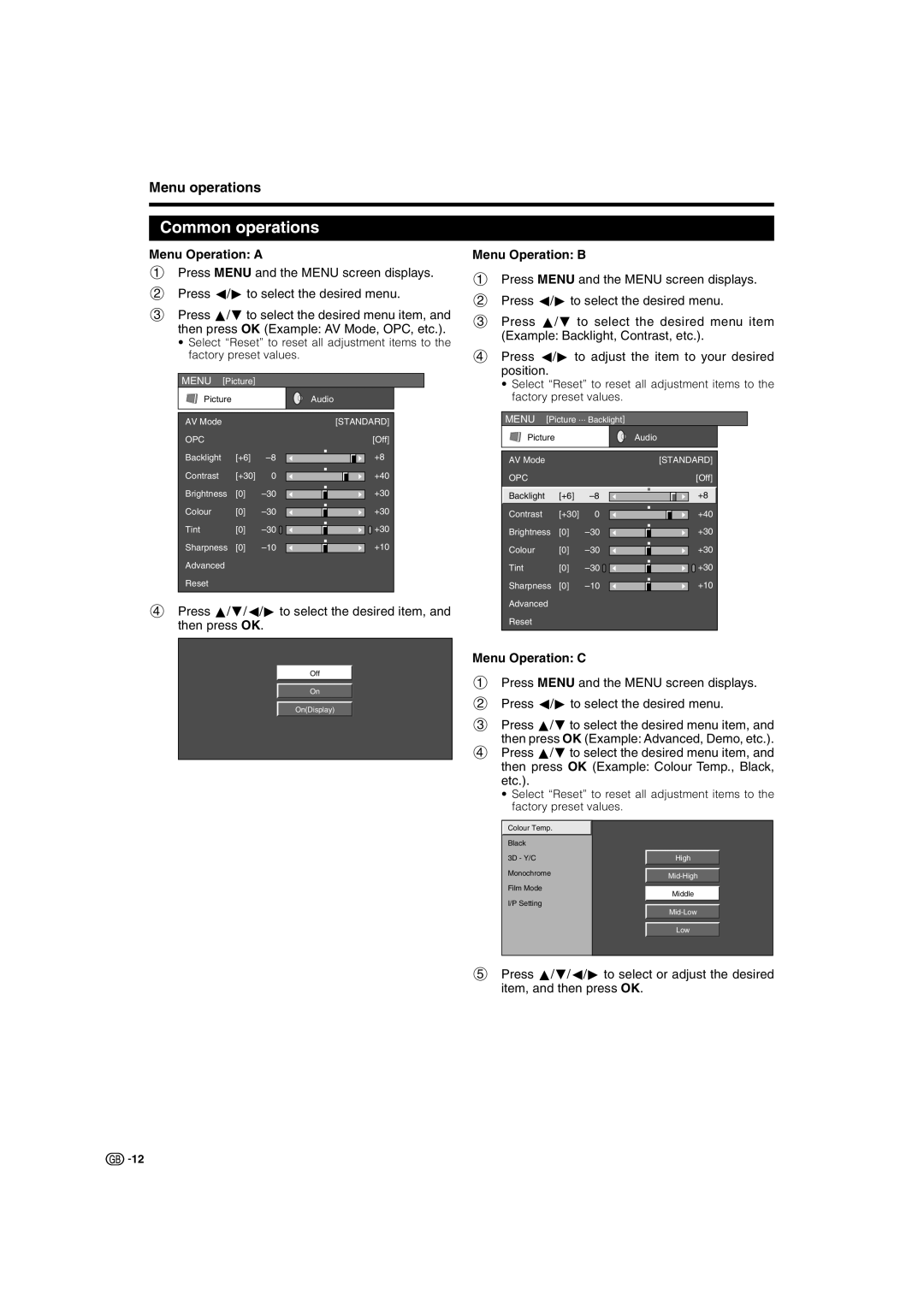 Sharp LC-26SD1E, LC-32ST1E Common operations, Menu operations, Menu Operation a, Menu Operation B, Menu Operation C 