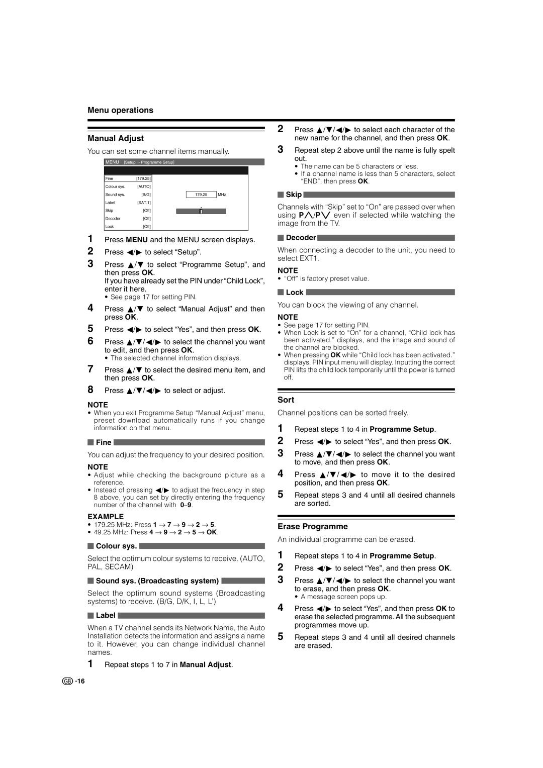 Sharp LC-32ST1E, LC-32SD1E, LC-26SD1E operation manual Menu operations Manual Adjust, Sort, Erase Programme 