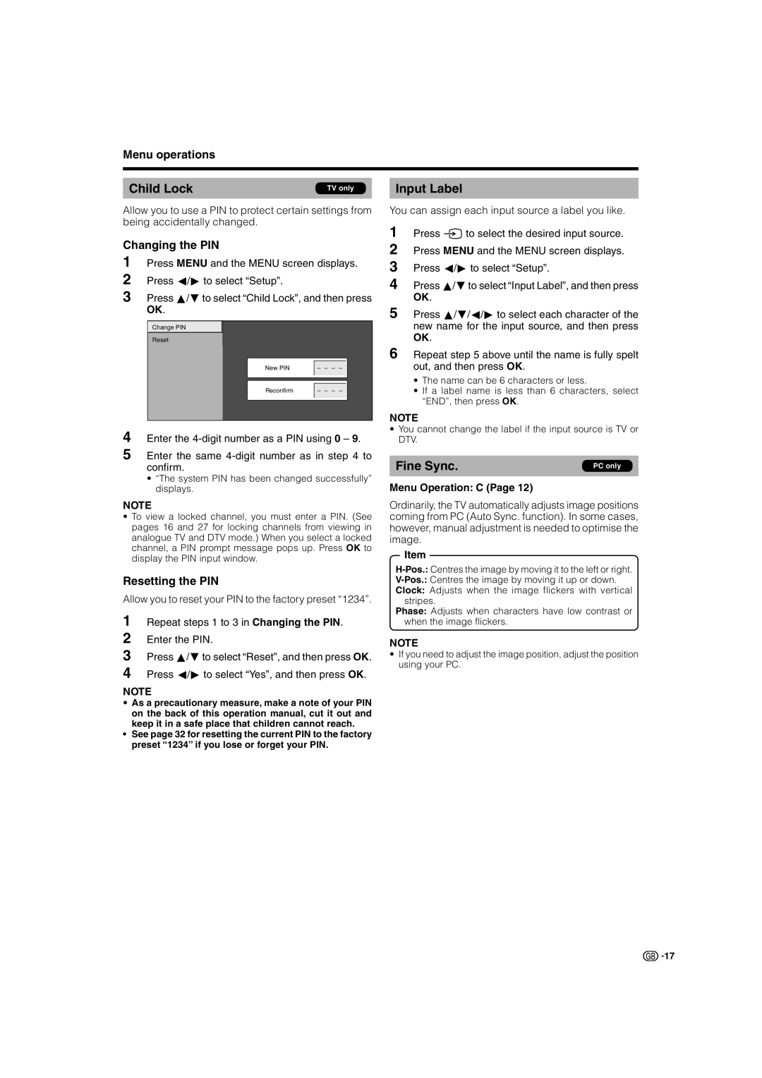 Sharp LC-32SD1E Input Label, Changing the PIN, Resetting the PIN, Enter the same 4-digit number as in to confirm 