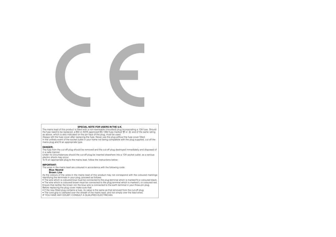 Sharp LC-26SD1E, LC-32ST1E, LC-32SD1E operation manual Special Note for Users in the U.K, Blue Neutral Brown Live 