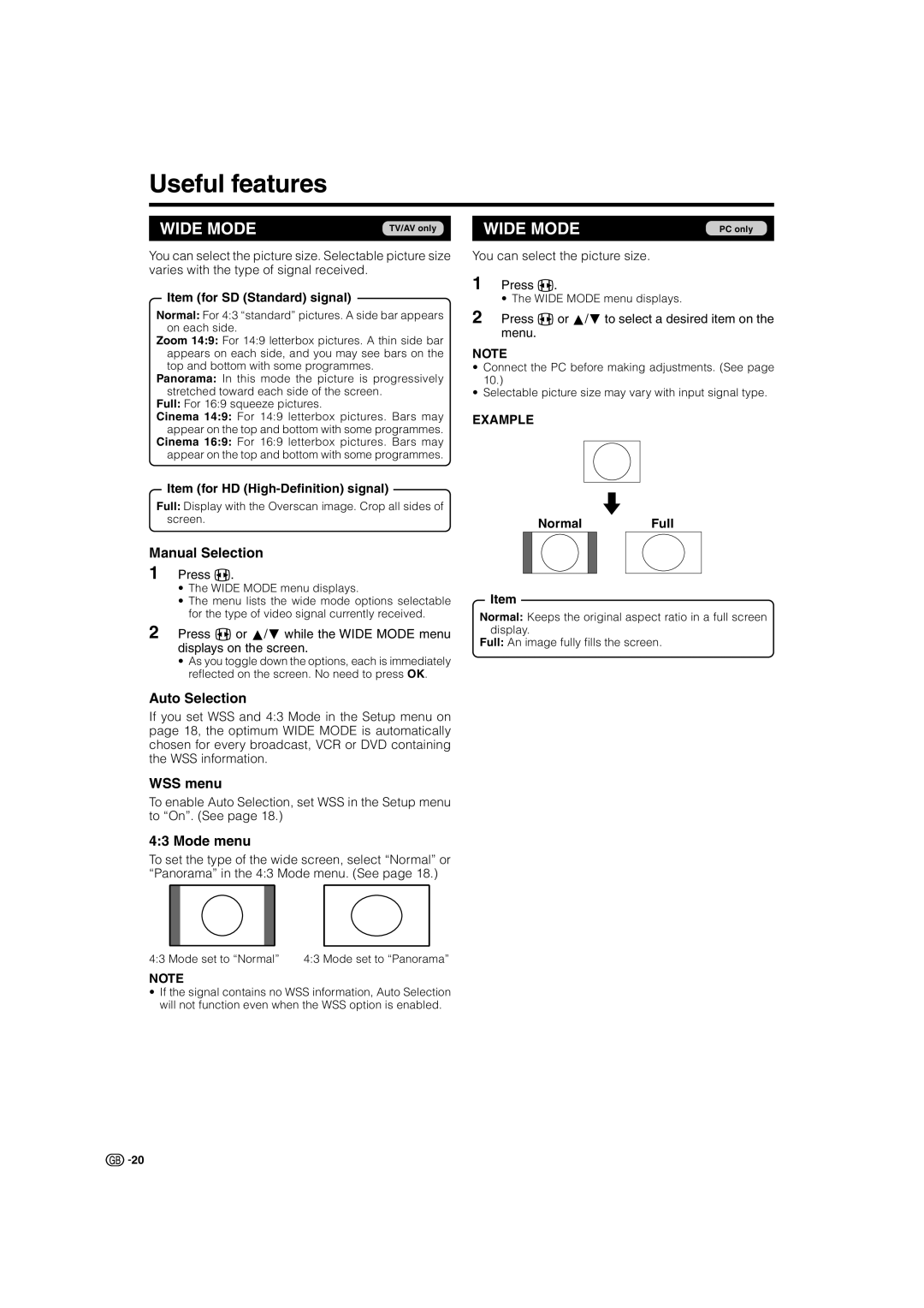 Sharp LC-32SD1E, LC-32ST1E, LC-26SD1E operation manual Useful features, Manual Selection, Auto Selection, WSS menu, Mode menu 