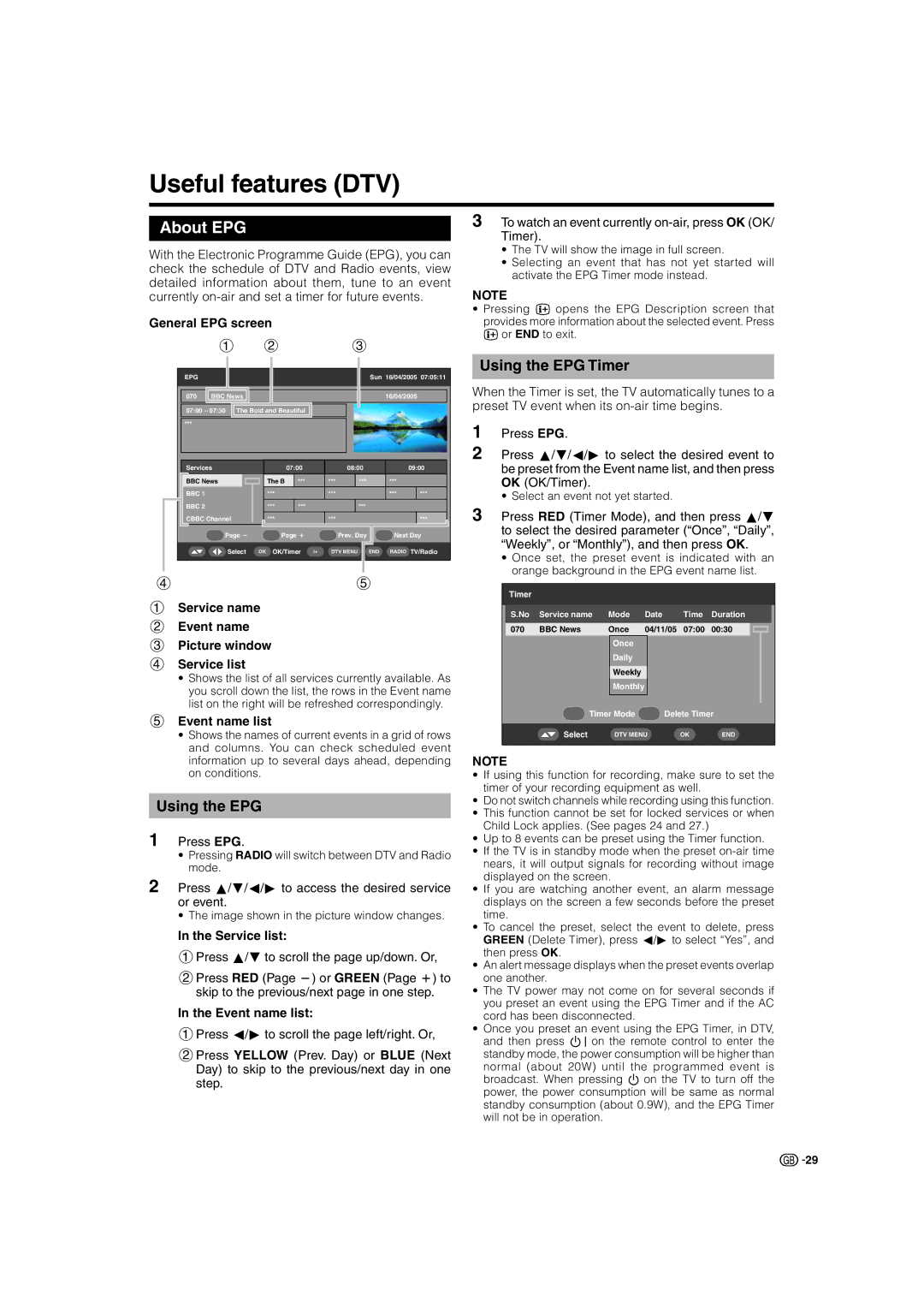 Sharp LC-32SD1E, LC-32ST1E, LC-26SD1E operation manual Useful features DTV, About EPG, Using the EPG Timer 