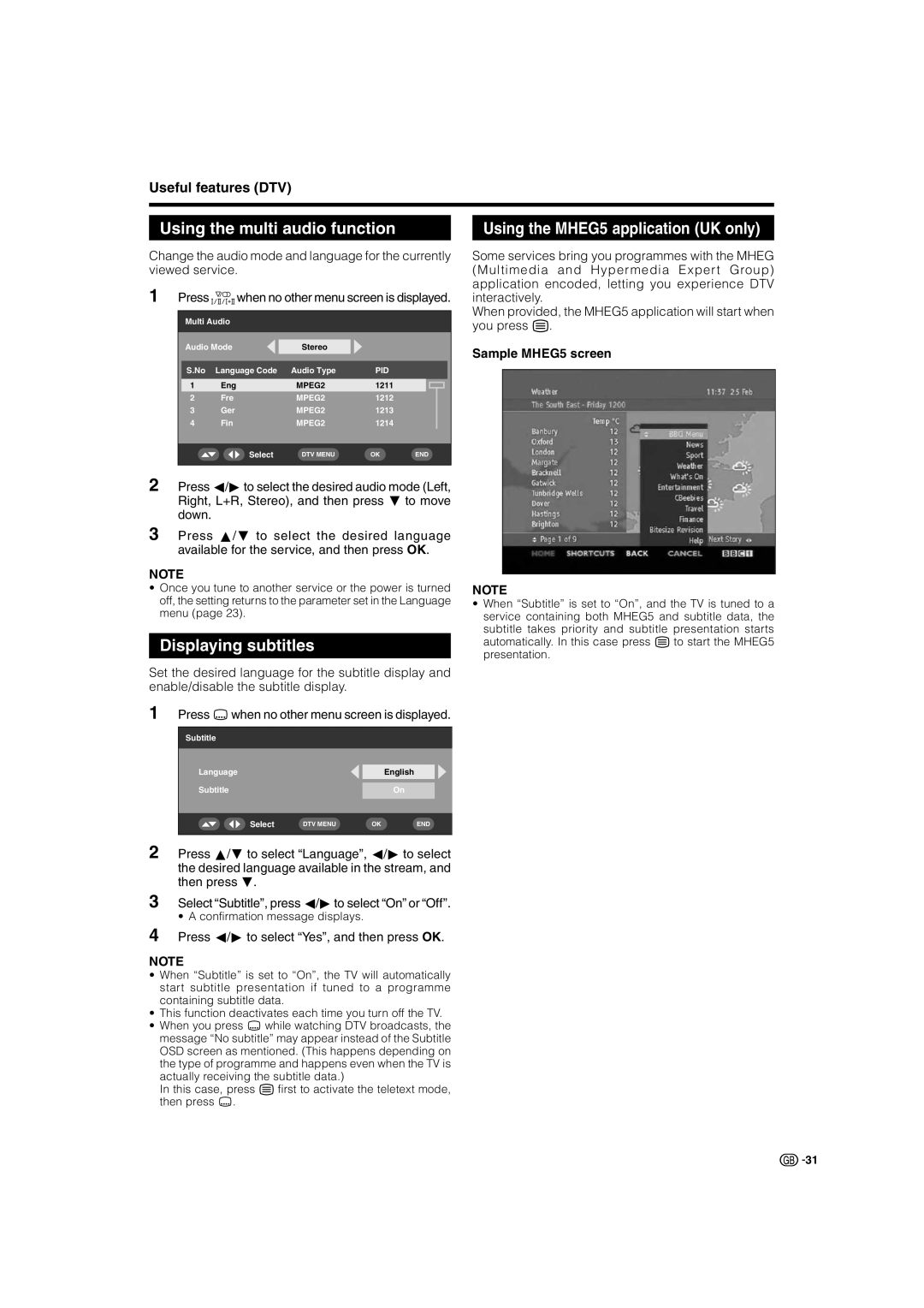 Sharp LC-32ST1E, LC-32SD1E Using the multi audio function, Displaying subtitles, Using the MHEG5 application UK only 