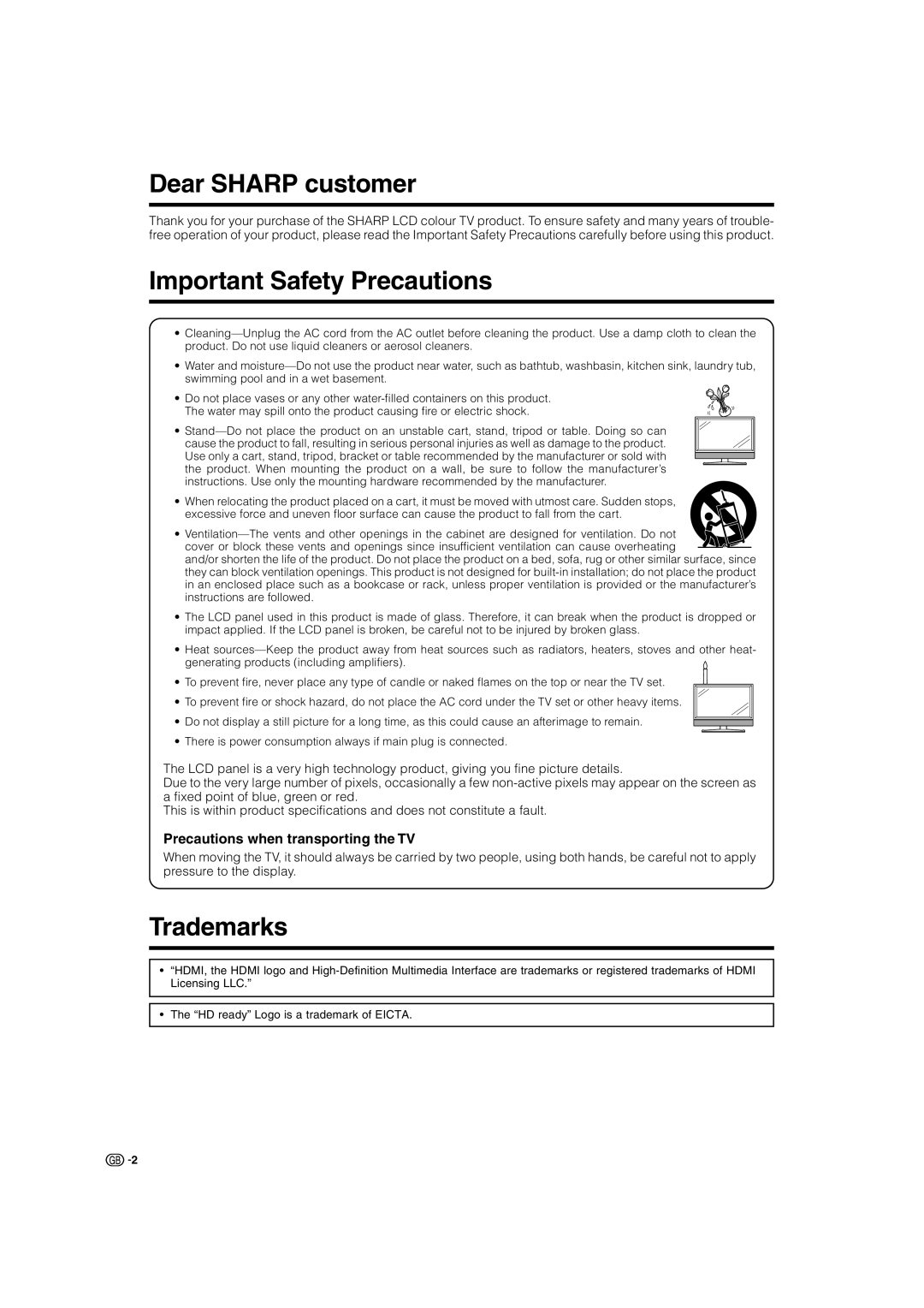 Sharp LC-32SD1E Dear Sharp customer, Important Safety Precautions, Trademarks, Precautions when transporting the TV 