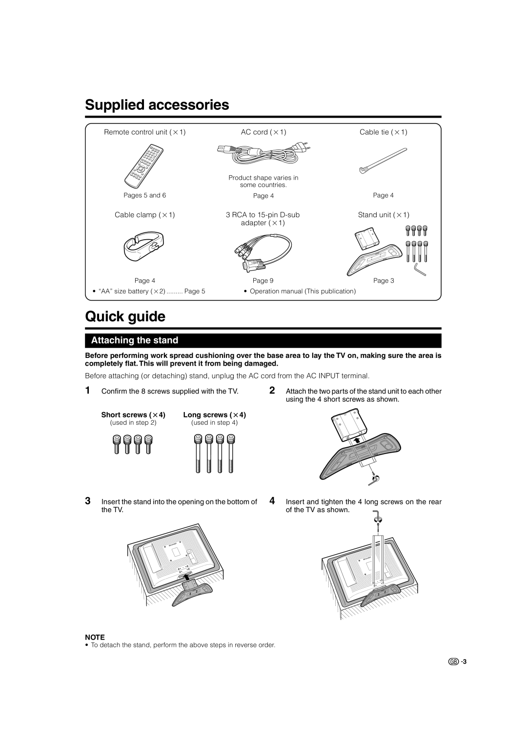 Sharp LC-26SD1E, LC-32ST1E Supplied accessories, Quick guide, Attaching the stand, Short screws m4, Long screws m4 