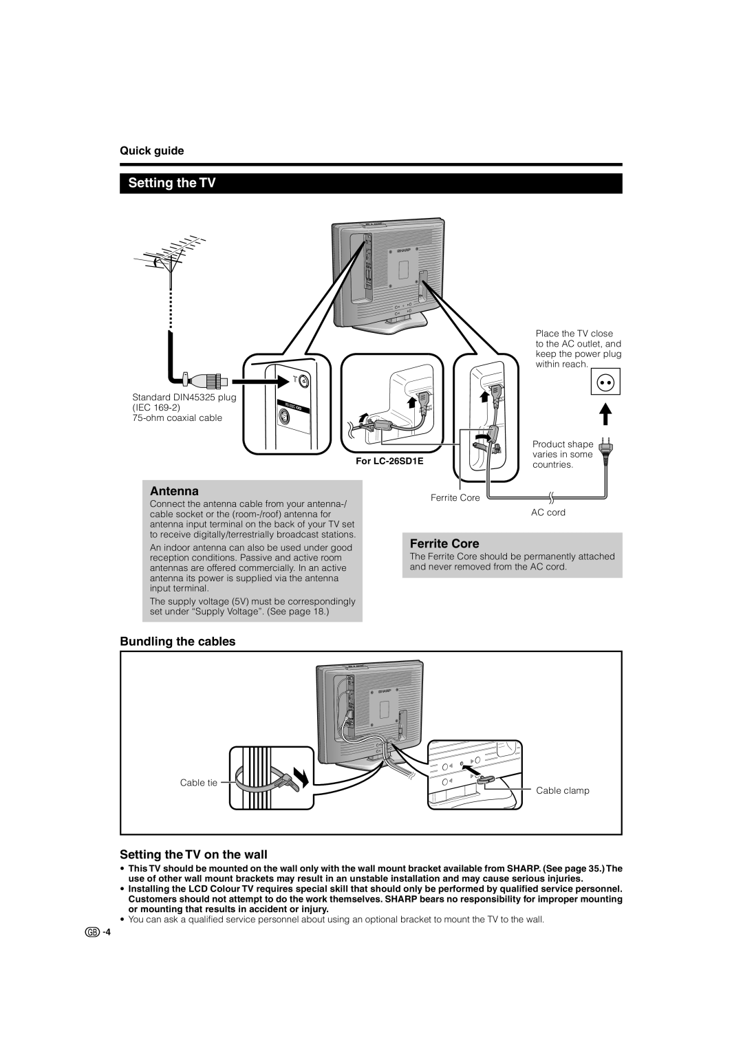 Sharp LC-32ST1E, LC-32SD1E, LC-26SD1E Antenna, Ferrite Core, Bundling the cables, Setting the TV on the wall 