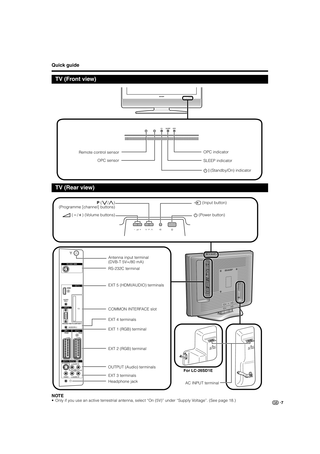 Sharp LC-32ST1E, LC-32SD1E, LC-26SD1E operation manual TV Front view, TV Rear view 