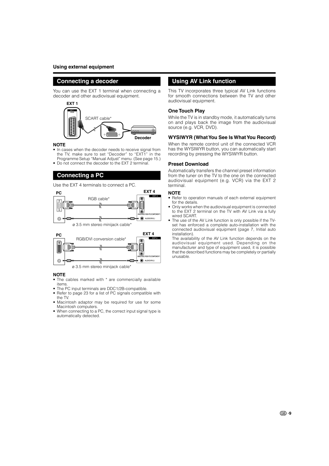 Sharp LC-32SV1E operation manual Connecting a decoder, Connecting a PC, Using AV Link function 