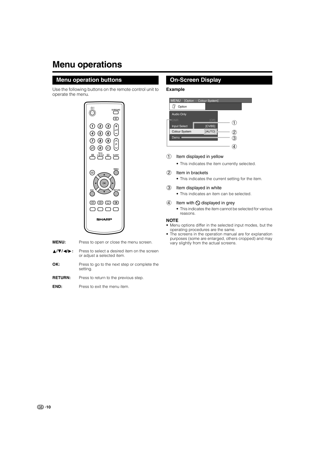 Sharp LC-32SV1E operation manual Menu operations, Menu operation buttons, On-Screen Display, Example 