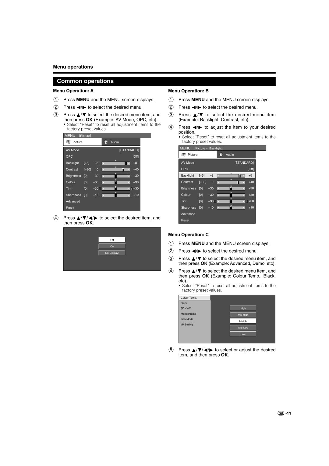 Sharp LC-32SV1E operation manual Common operations, Menu operations, Menu Operation a, Menu Operation B, Menu Operation C 