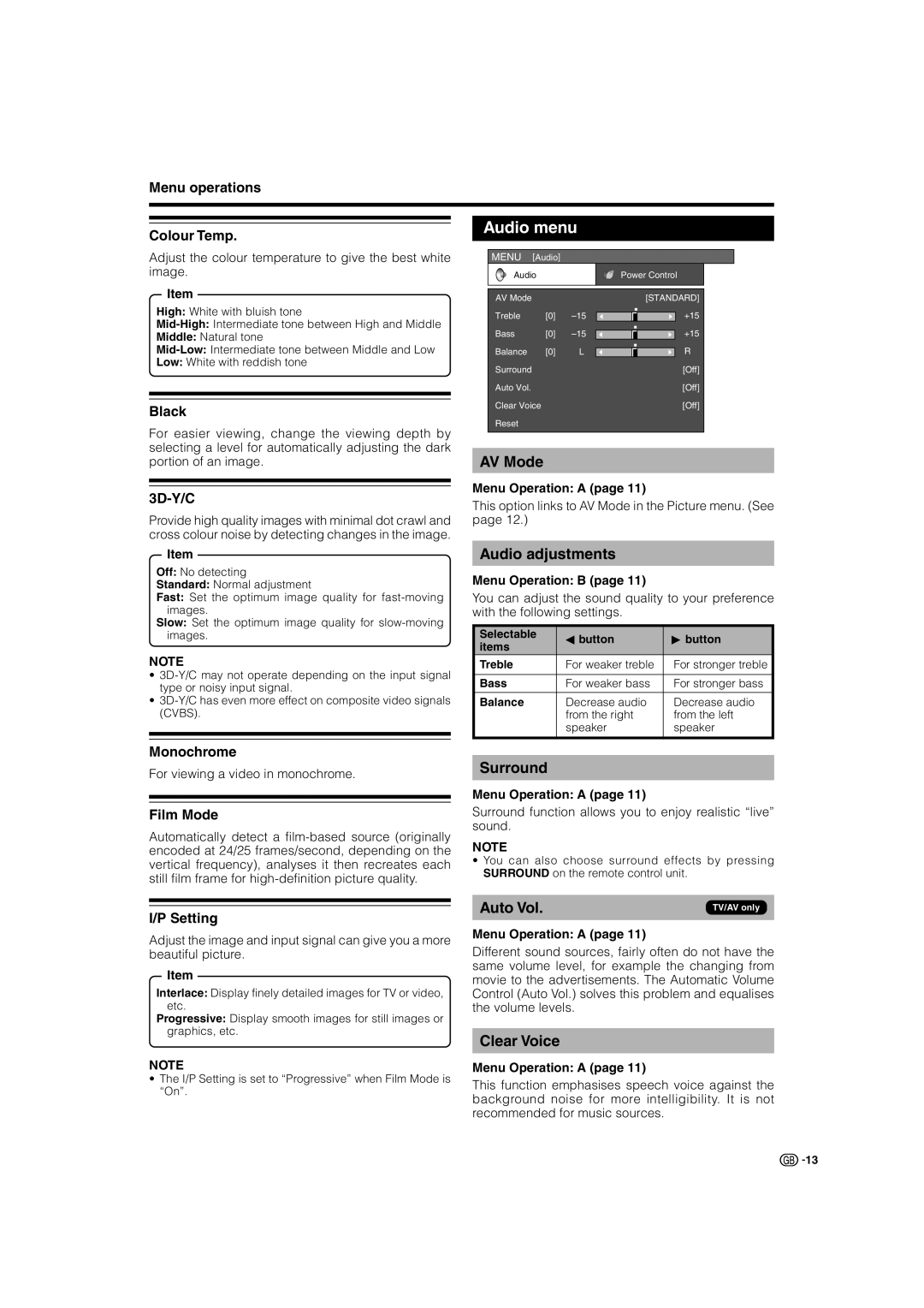 Sharp LC-32SV1E operation manual Audio menu, Audio adjustments, Surround, Auto Vol, Clear Voice 