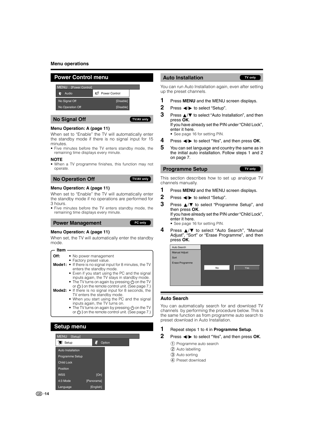 Sharp LC-32SV1E operation manual Power Control menu, Setup menu 