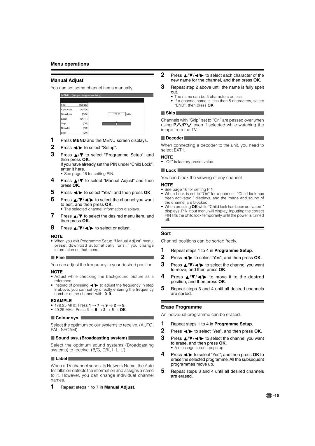 Sharp LC-32SV1E operation manual Menu operations Manual Adjust, Sort, Erase Programme 