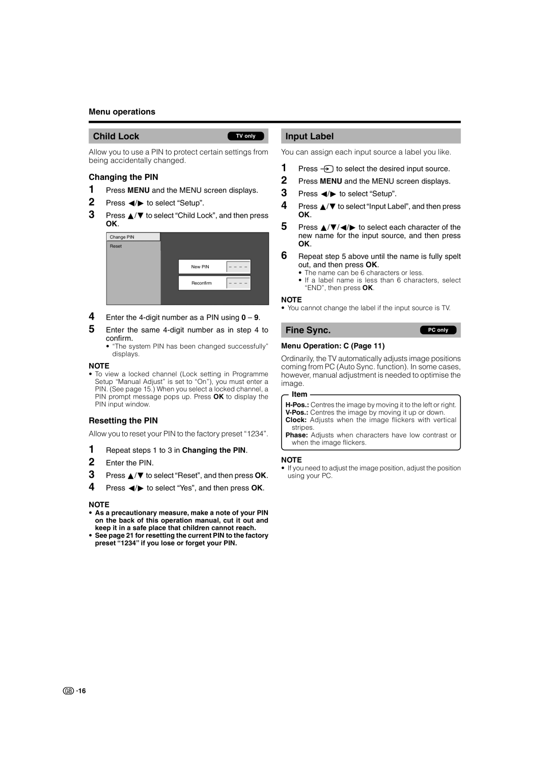 Sharp LC-32SV1E operation manual Child Lock, Input Label, Fine Sync, Changing the PIN, Resetting the PIN 