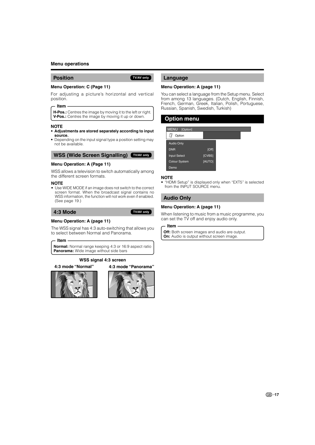 Sharp LC-32SV1E operation manual Option menu, Position, Mode 