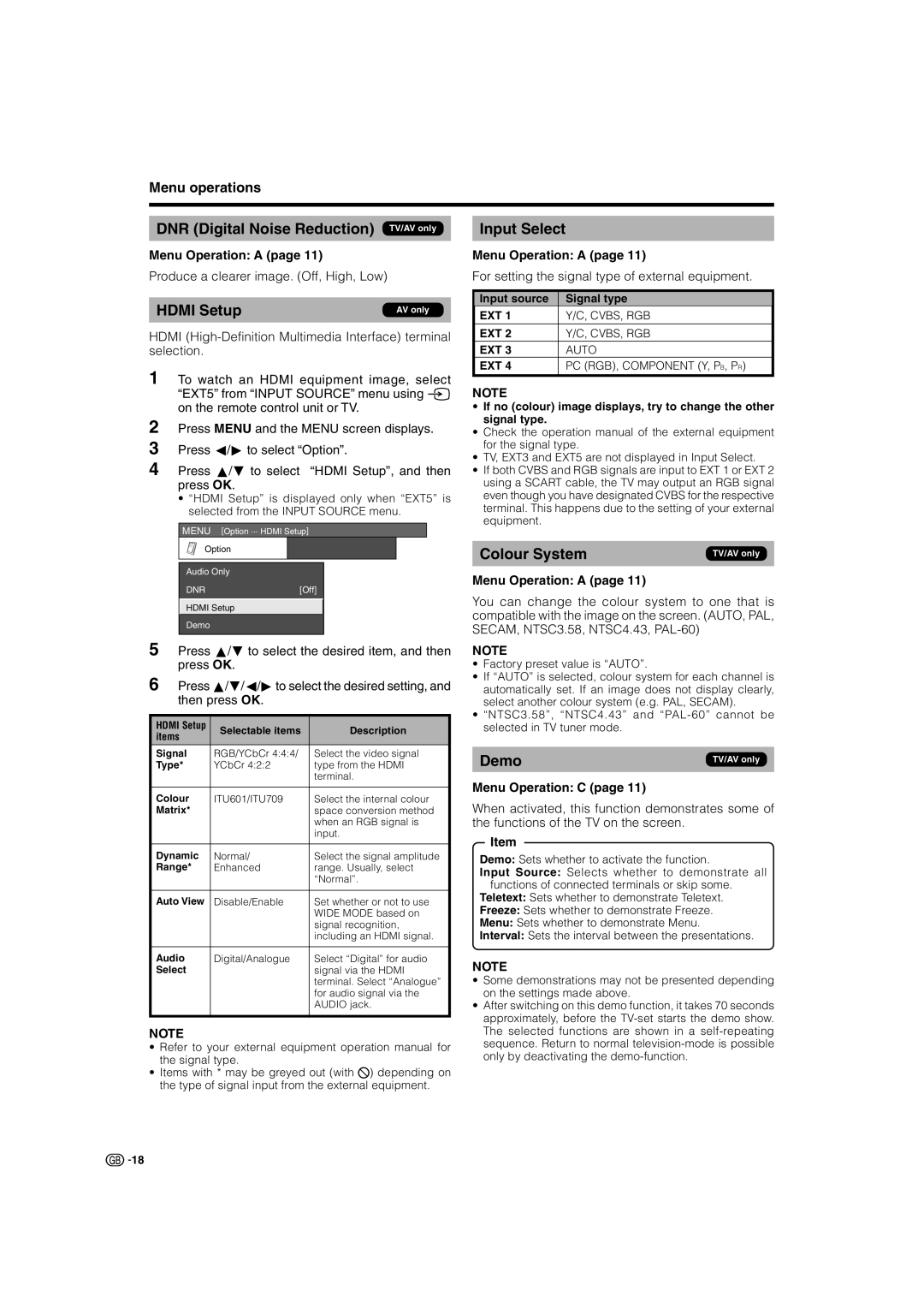 Sharp LC-32SV1E operation manual DNR Digital Noise Reduction TV/AV only, Hdmi Setup, Input Select, Colour System, Demo 